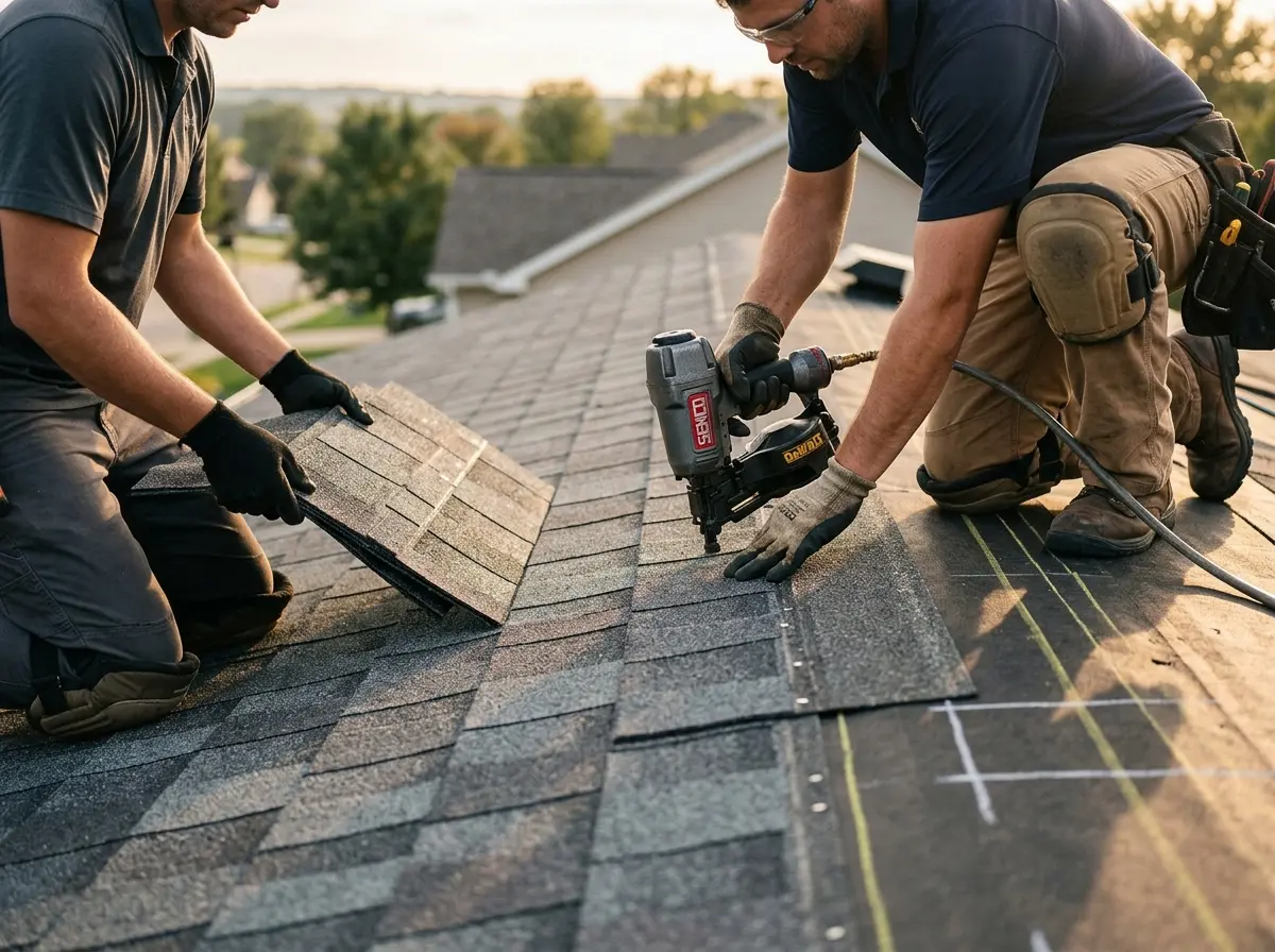 Professional roofer working on a residential roof in Security-Widefield